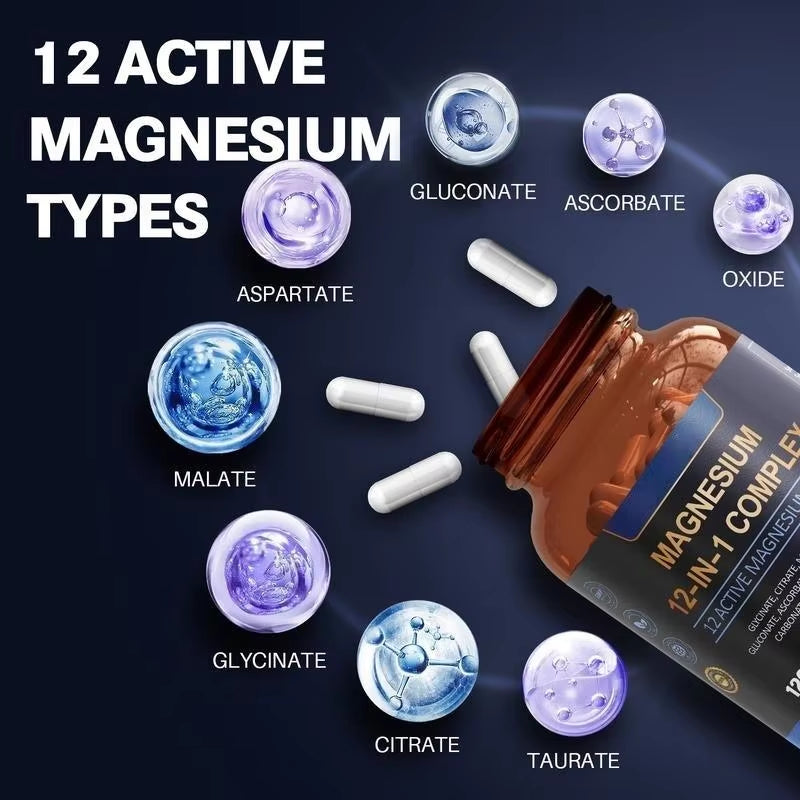12-In-1 Magnesium Complex Supplement Capsules Targeted Mineral Nutrition for Healthy Hair, Glowing Skin & Brightening Complexion